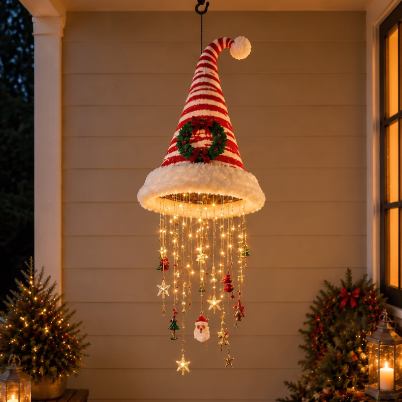 🎅 Lighted Santa Hat Hanging Chandelier 🎄 | 5 Styles Warm White LED String Lights | Indoor Outdoor Porch Yard Holiday Hanging Decor Christmas Gift