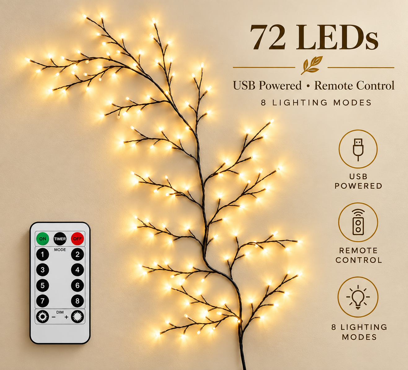 Enchanted Willow Vine Christmas Lights | 8 Lighting Modes, Warm White Glow for Holiday Wall Decor