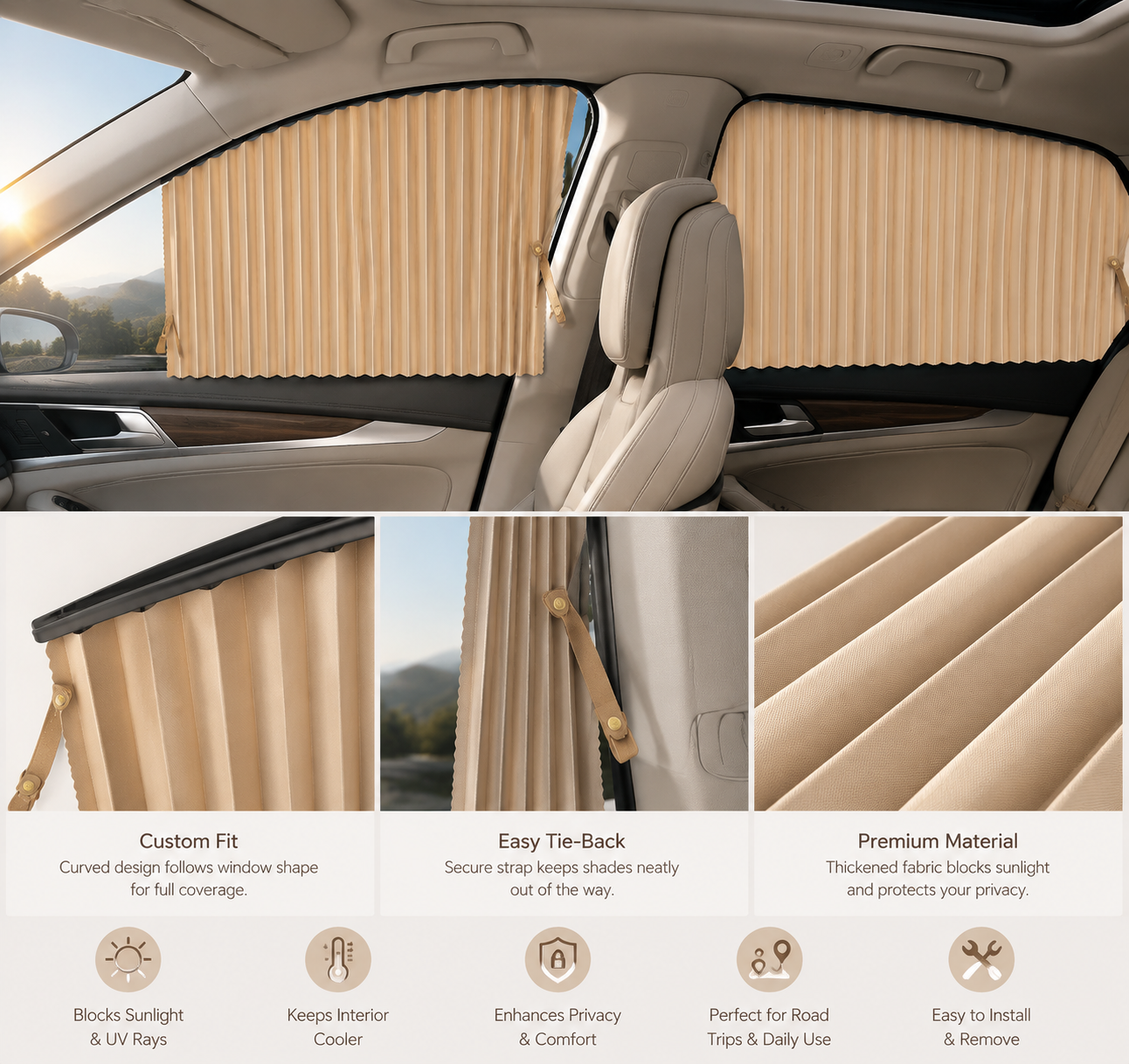 4‑Piece Magnetic Car Window Sun Shades, Front & Rear Side Window Sun Blocker, Heat UV Protection Car Curtain for Sedan SUV Truck, Privacy Automotive Window Shade with Fixing Straps, Gold/Black/Silver