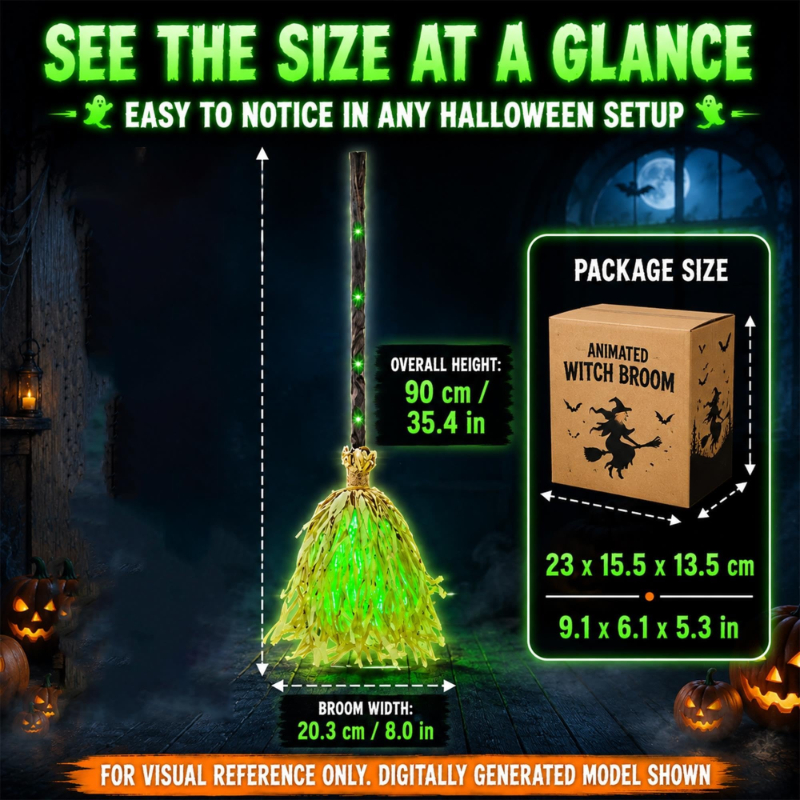 Animated Moving Witch Broom Halloween Decor, Green Glow & Eerie Sounds, Sound‑Activated Halloween Party Prop for Indoor Home Decor