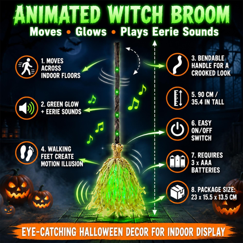 Animated Moving Witch Broom Halloween Decor, Green Glow & Eerie Sounds, Sound‑Activated Halloween Party Prop for Indoor Home Decor