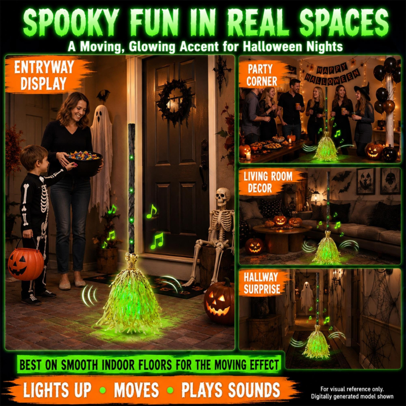 Animated Moving Witch Broom Halloween Decor, Green Glow & Eerie Sounds, Sound‑Activated Halloween Party Prop for Indoor Home Decor