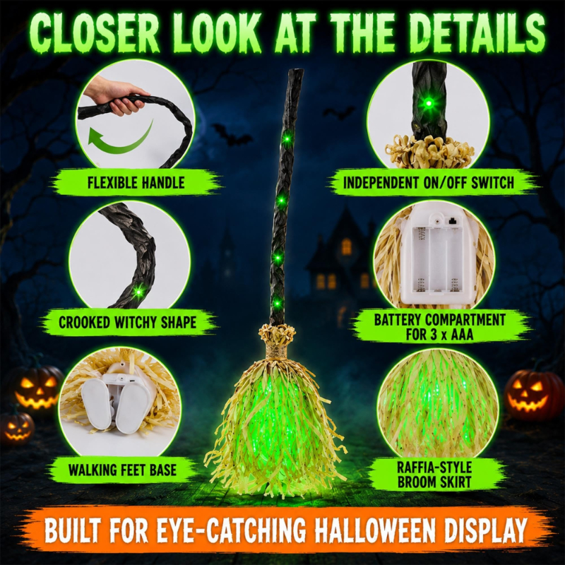 Animated Moving Witch Broom Halloween Decor, Green Glow & Eerie Sounds, Sound‑Activated Halloween Party Prop for Indoor Home Decor