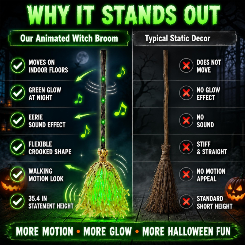 Animated Moving Witch Broom Halloween Decor, Green Glow & Eerie Sounds, Sound‑Activated Halloween Party Prop for Indoor Home Decor