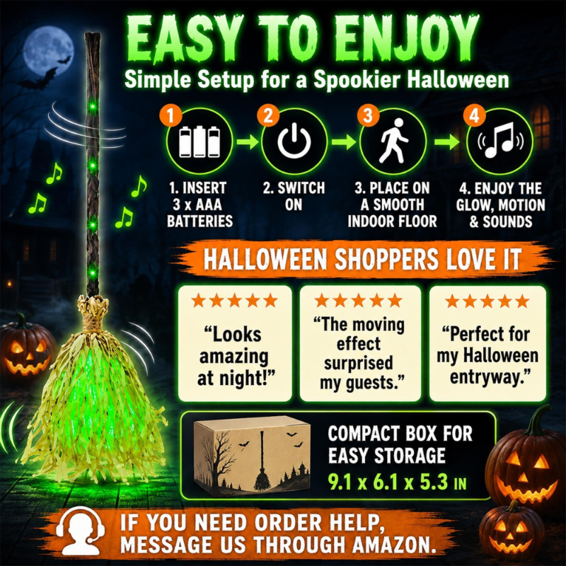 Animated Moving Witch Broom Halloween Decor, Green Glow & Eerie Sounds, Sound‑Activated Halloween Party Prop for Indoor Home Decor