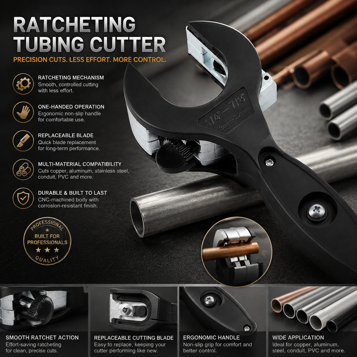 Heavy‑Duty Ratcheting Tubing Cutter, Adjustable Pipe Cutter with Replaceable Alloy Steel Blade, for Copper Aluminum Iron Stainless Steel Conduit, Plumbing & HVAC Work, Black, 2 Sizes: 1/4"‑7/8", 5/16"‑1‑1/8"
