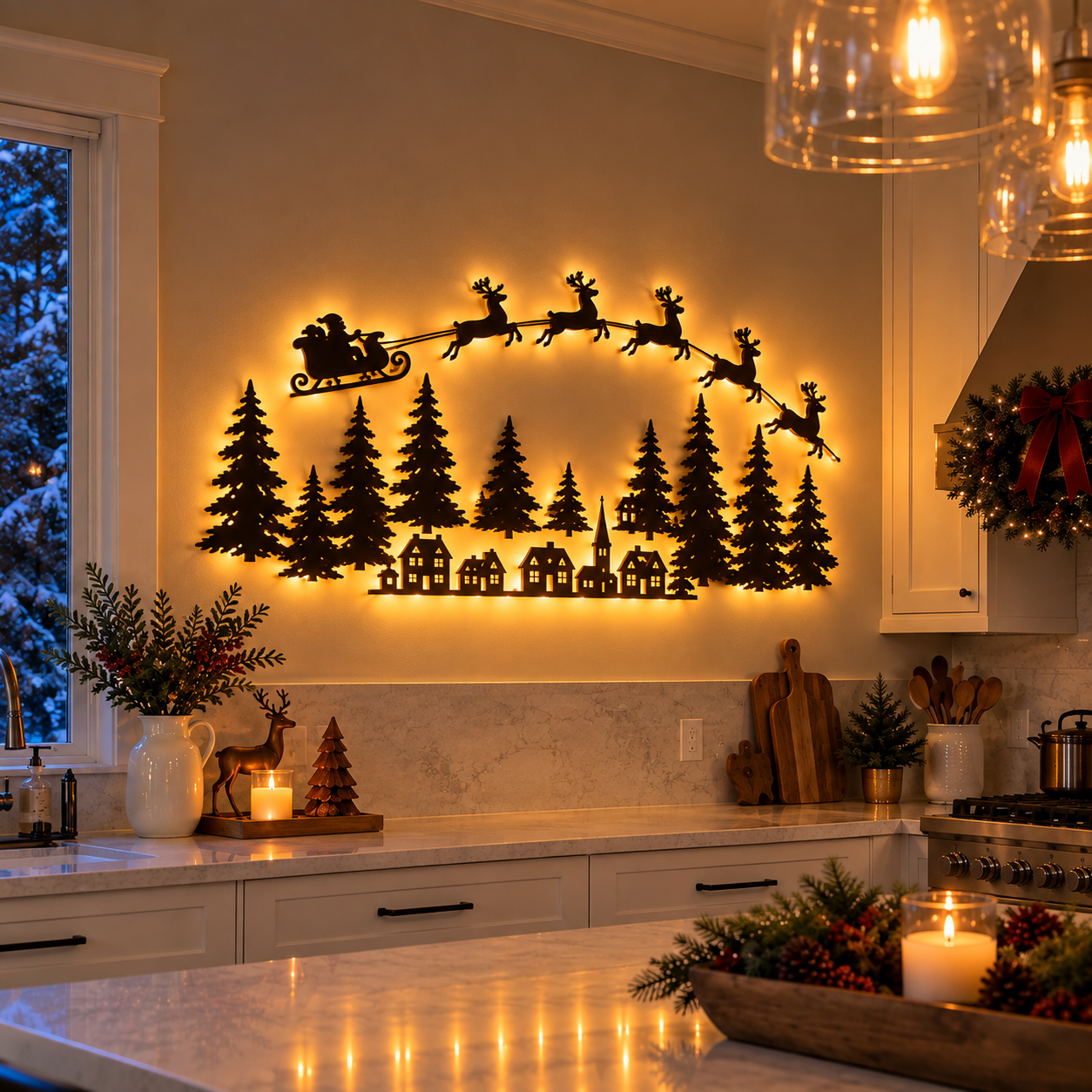 Christmas Santa Sleigh & Reindeer Press‑On LED Wall Decor | Festive Holiday Wall Art