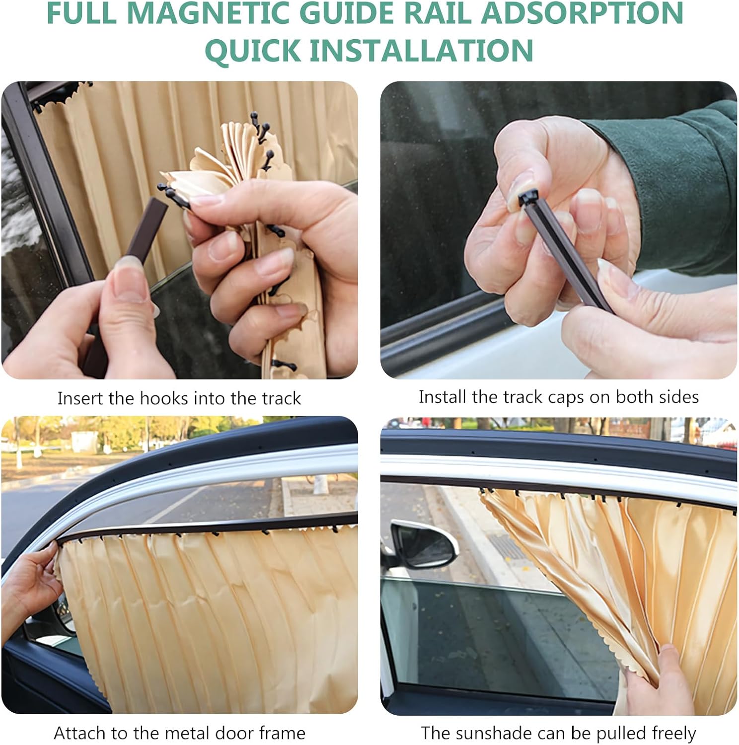 4‑Piece Magnetic Car Window Sun Shades, Front & Rear Side Window Sun Blocker, Heat UV Protection Car Curtain for Sedan SUV Truck, Privacy Automotive Window Shade with Fixing Straps, Gold/Black/Silver