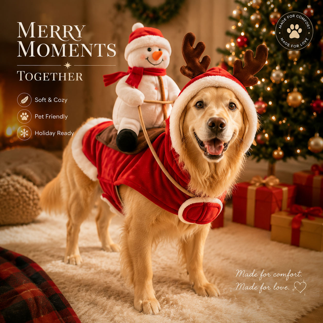 🎄 Merry Moments Christmas Dog Costume 🐶 – Snowman & Santa Rider Holiday Outfit
