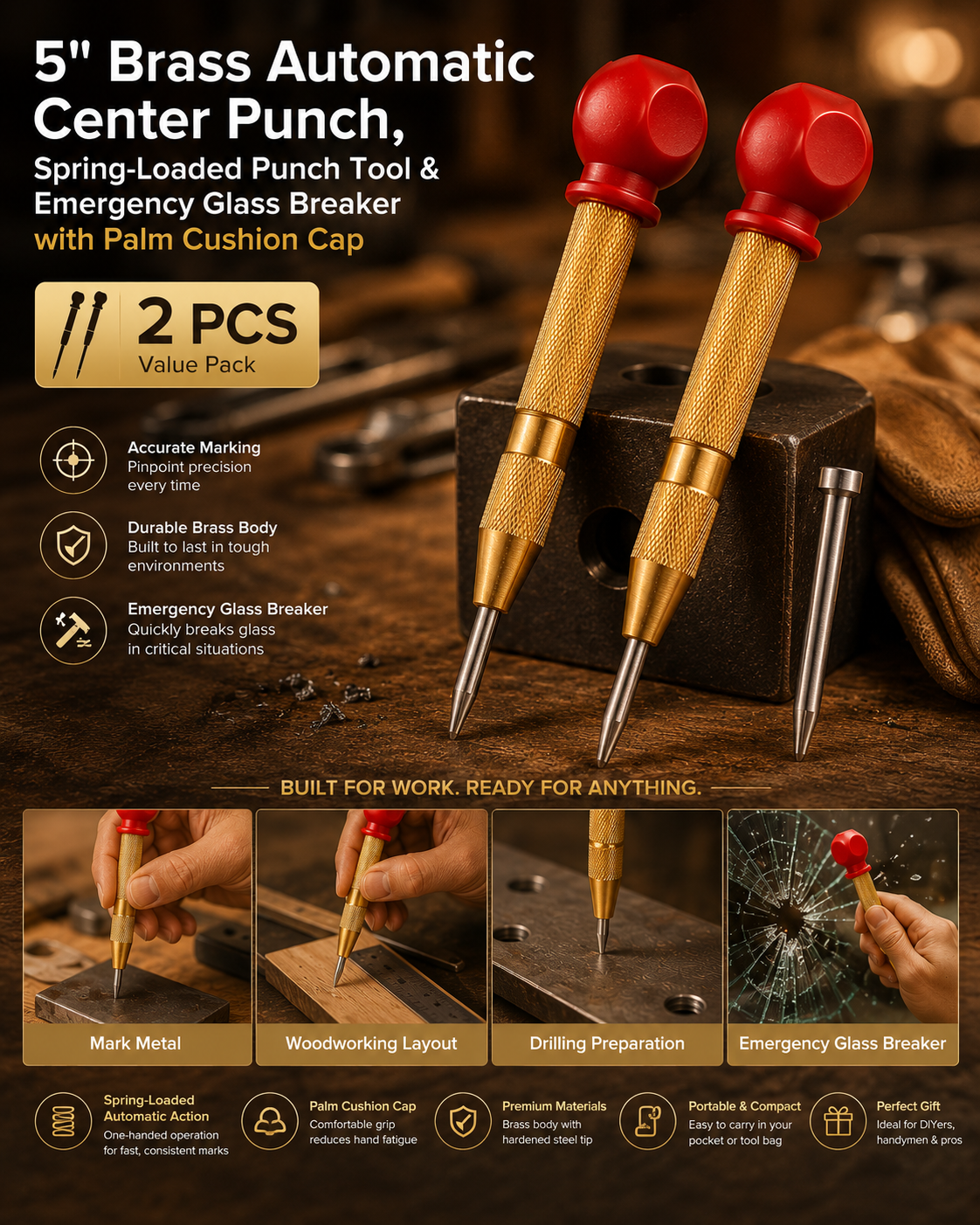 5" Brass Automatic Center Punch, Spring‑Loaded Punch Tool & Emergency Glass Breaker with Palm Cushion Cap
