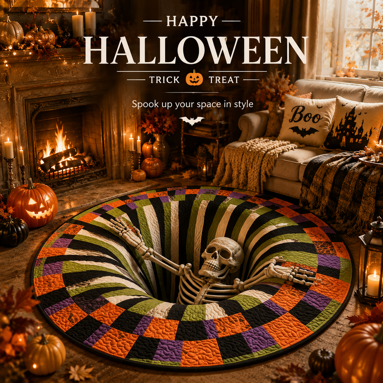 櫨Hot Sale 3D Skeleton Vortex Halloween Round Rug | Optical Illusion Non窶全lip Mat, Limited Stock