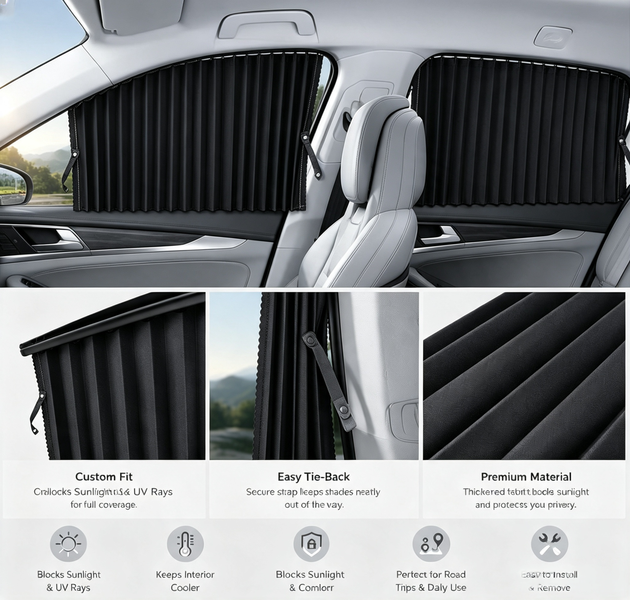 4‑Piece Magnetic Car Window Sun Shades, Front & Rear Side Window Sun Blocker, Heat UV Protection Car Curtain for Sedan SUV Truck, Privacy Automotive Window Shade with Fixing Straps, Gold/Black/Silver
