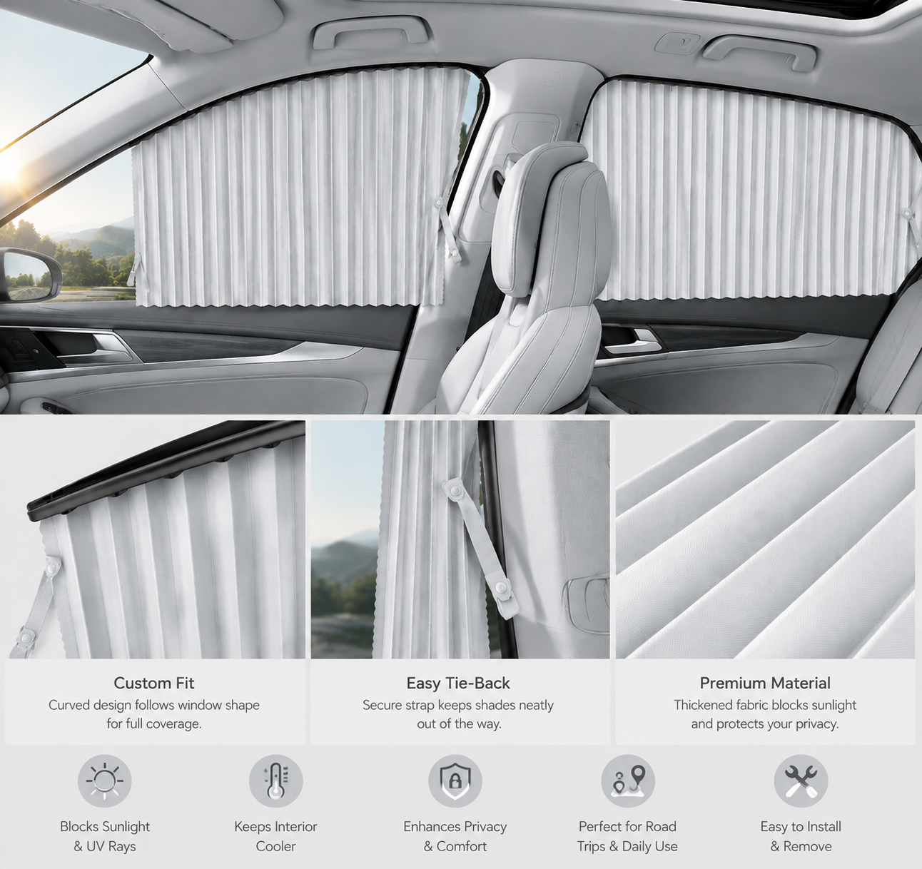 4‑Piece Magnetic Car Window Sun Shades, Front & Rear Side Window Sun Blocker, Heat UV Protection Car Curtain for Sedan SUV Truck, Privacy Automotive Window Shade with Fixing Straps, Gold/Black/Silver