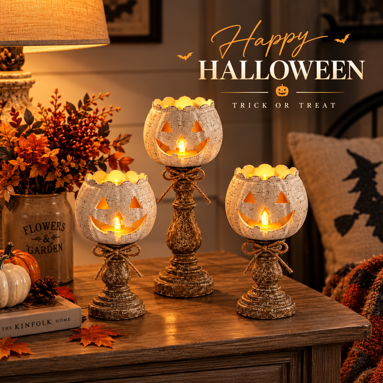 🕯️Set of 3 Rustic White Pumpkin Tealight Holders 🎃 Farmhouse Fall Decor for Halloween & Thanksgiving