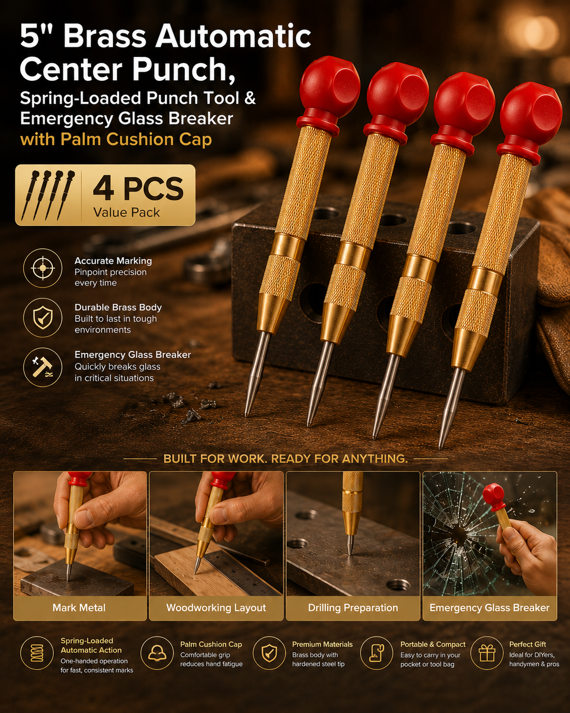 5" Brass Automatic Center Punch, Spring‑Loaded Punch Tool & Emergency Glass Breaker with Palm Cushion Cap