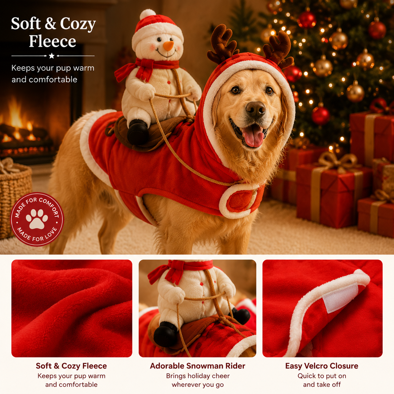 🎄 Merry Moments Christmas Dog Costume 🐶 – Snowman & Santa Rider Holiday Outfit