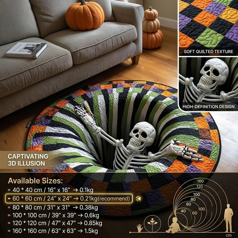 櫨Hot Sale 3D Skeleton Vortex Halloween Round Rug | Optical Illusion Non窶全lip Mat, Limited Stock