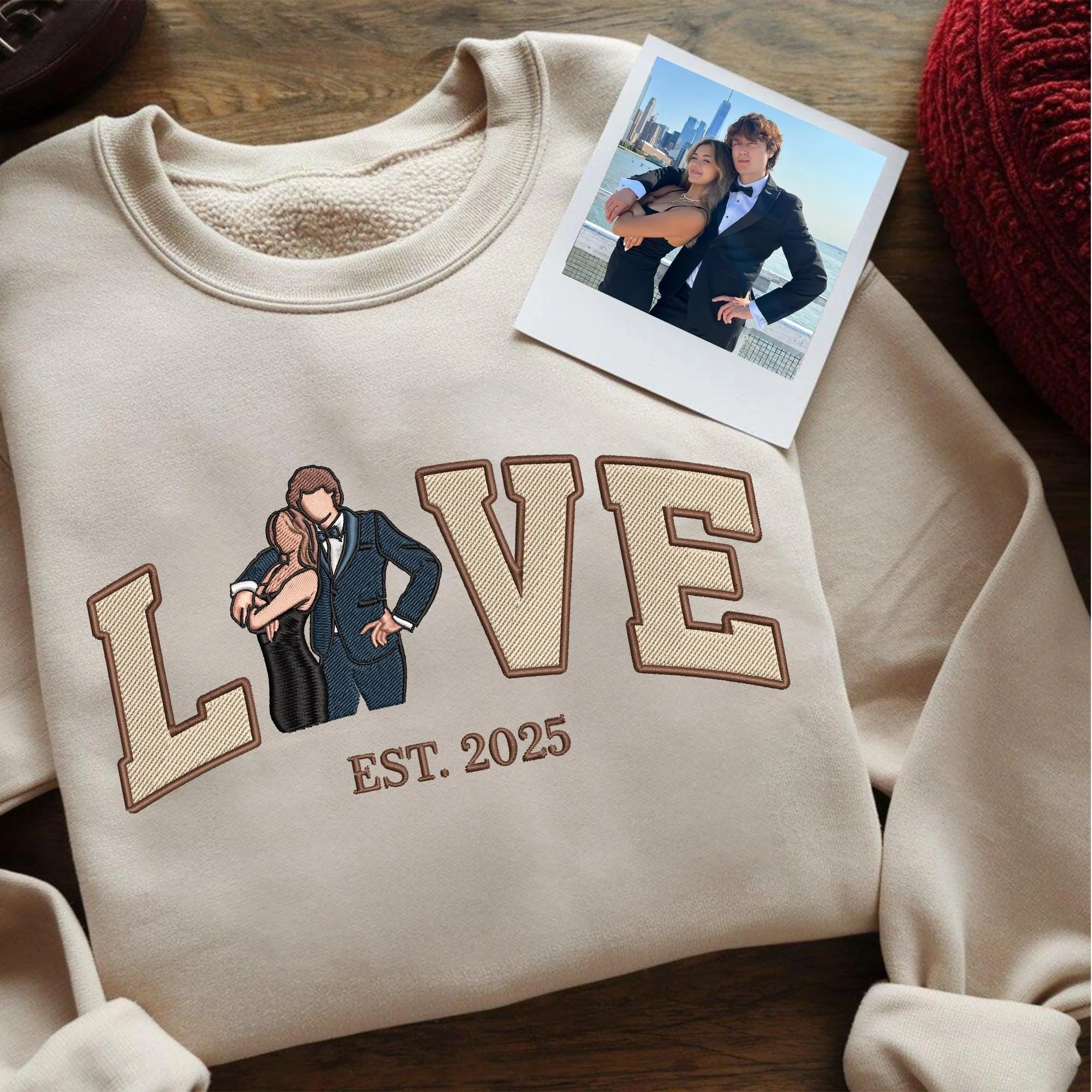 Personalized Embroidered Photo Couple LOVE Est Year Sweatshirt Hoodie Valentines Matching Couple Gift
