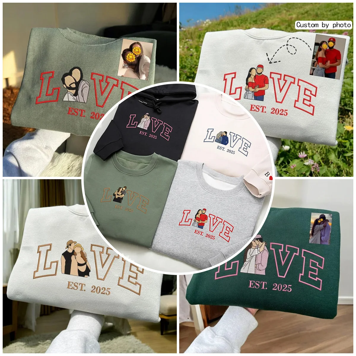 Personalized Embroidered Photo Couple LOVE Est Year Sweatshirt Hoodie Valentines Matching Couple Gift