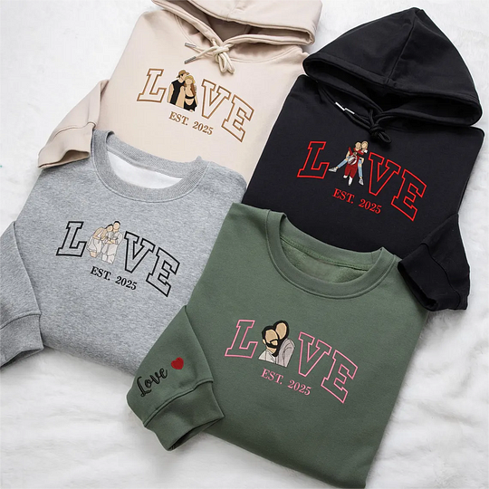 Personalized Embroidered Photo Couple LOVE Est Year Sweatshirt Hoodie Valentines Matching Couple Gift