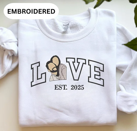 Personalized Embroidered Photo Couple LOVE Est Year Sweatshirt Hoodie Valentines Matching Couple Gift