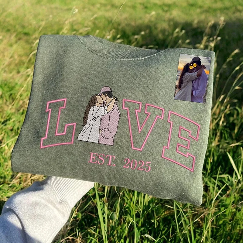 Personalized Embroidered Photo Couple LOVE Est Year Valentines Matching Couple Gift