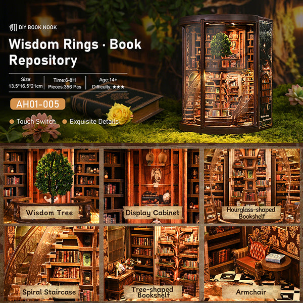 Wisdom Rings Library 3D Wooden Puzzle Gift For Diy Fans Book Reader Birthday Christmas Gift