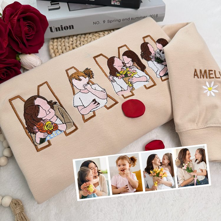 Custom Photo Portrait Embroidery Sweatshirt/Hoodie Gift For Mom/Mama/Family