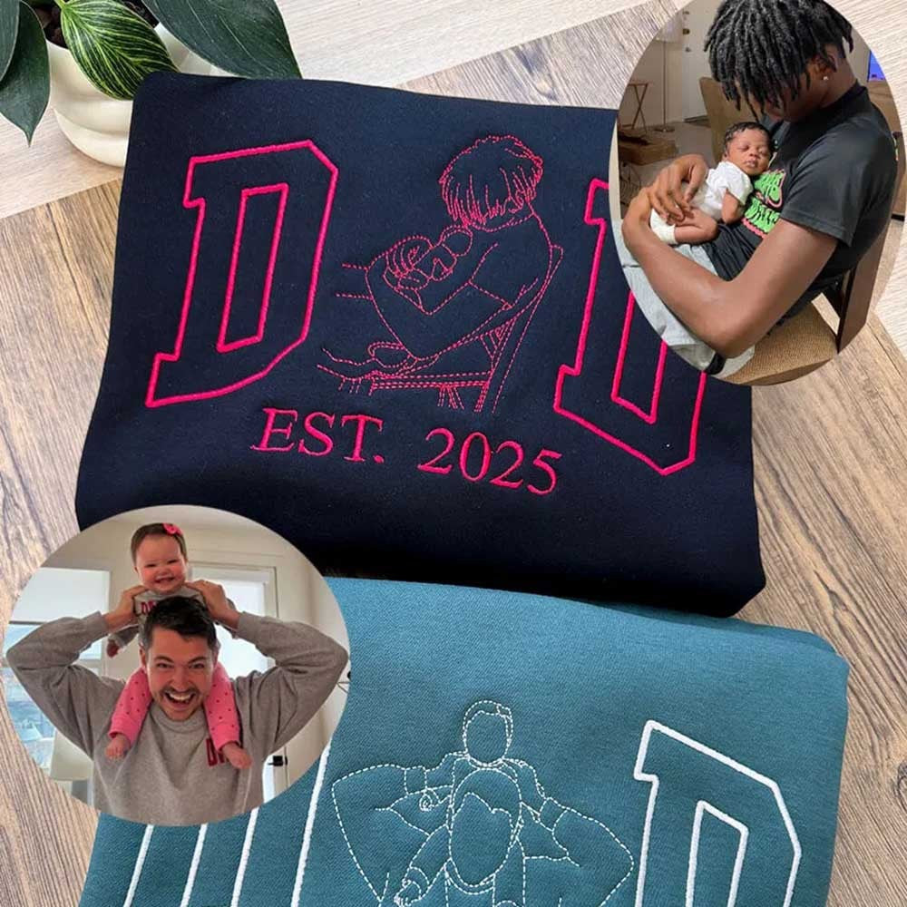 Custom Dad Portrait Embroidered T-Shirt & Hoodie – Personalized Photo Outline for Father’s Day or Birthday