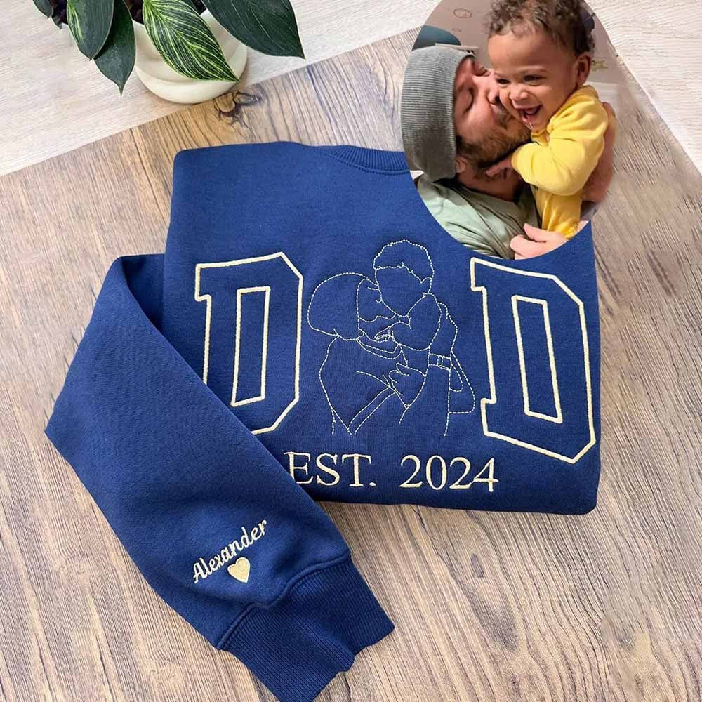 Custom Dad Portrait Embroidered T-Shirt & Hoodie – Personalized Photo Outline for Father’s Day or Birthday
