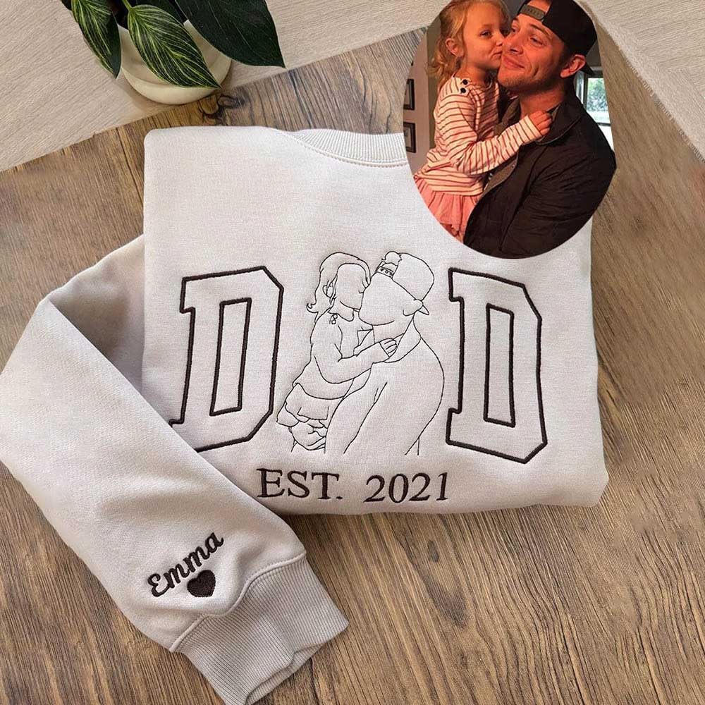 Custom Dad Portrait Embroidered T-Shirt & Hoodie – Personalized Photo Outline for Father’s Day or Birthday