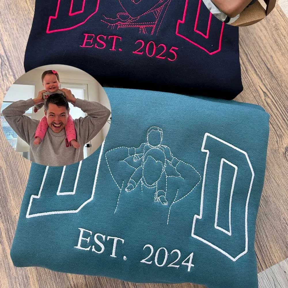 Custom Dad Portrait Embroidered T-Shirt & Hoodie – Personalized Photo Outline for Father’s Day or Birthday