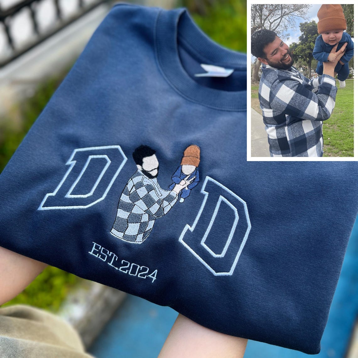 [Copy]Custom Dad Portrait Embroidered T-Shirt & Hoodie – Personalized Photo Outline for Father’s Day or Birthday