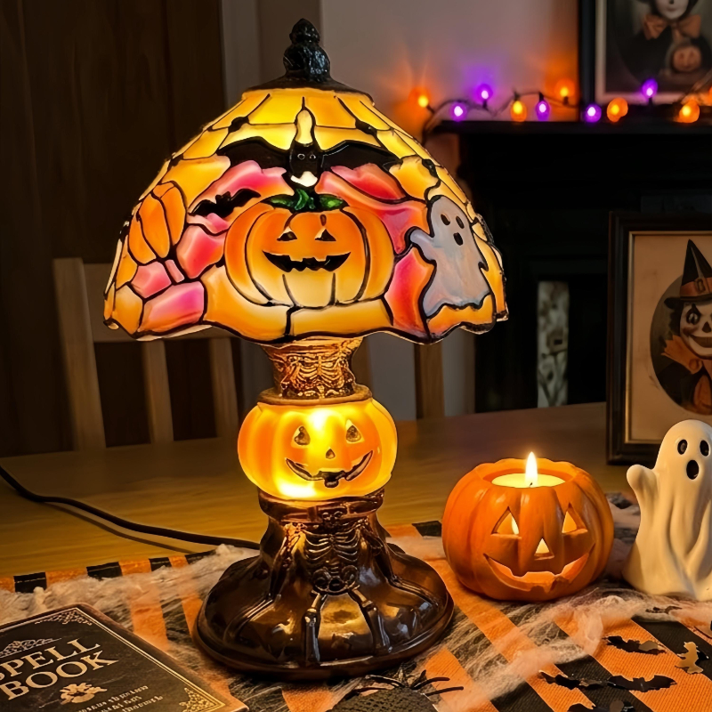 👻Halloween Stained‑Glass Style Table Lamp, USB Powered Pumpkin & Skeleton Desk Light, 4 Designs Available