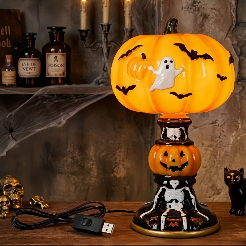 👻Halloween Stained‑Glass Style Table Lamp, USB Powered Pumpkin & Skeleton Desk Light, 4 Designs Available