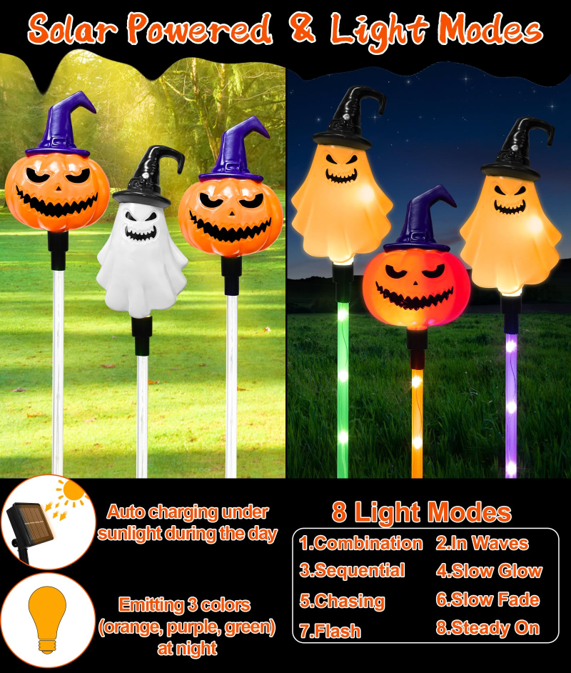 🔥Bestseller🔥 ｜ 6 Pack Solar Halloween Garden Stake Lights👻 8 Modes Pumpkin Ghost Witch Hat Lantern, Waterproof Solar Pathway Lights for Yard Lawn Porch Halloween Outdoor Decor