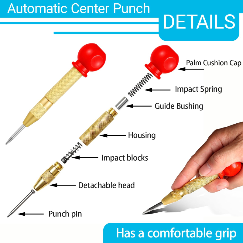 5" Brass Automatic Center Punch, Spring‑Loaded Punch Tool & Emergency Glass Breaker with Palm Cushion Cap