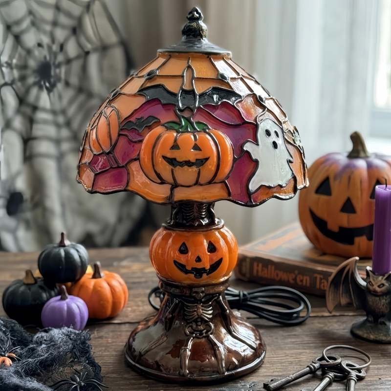 👻Halloween Stained‑Glass Style Table Lamp, USB Powered Pumpkin & Skeleton Desk Light, 4 Designs Available