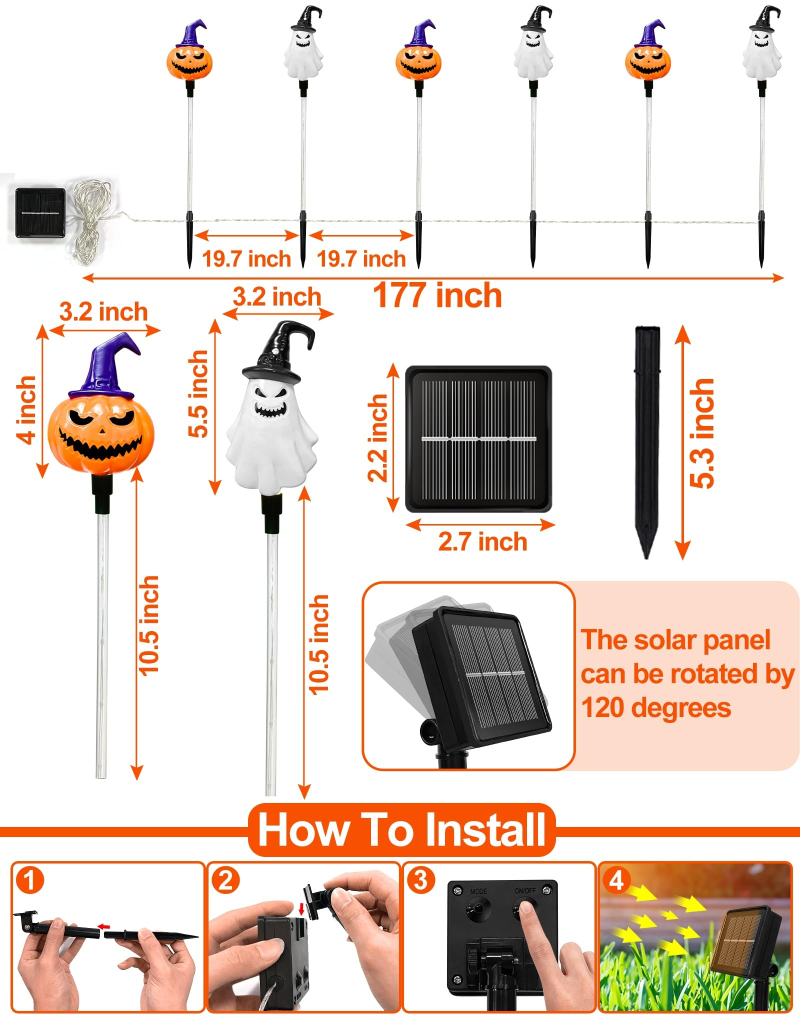 🔥Bestseller🔥 ｜ 6 Pack Solar Halloween Garden Stake Lights👻 8 Modes Pumpkin Ghost Witch Hat Lantern, Waterproof Solar Pathway Lights for Yard Lawn Porch Halloween Outdoor Decor