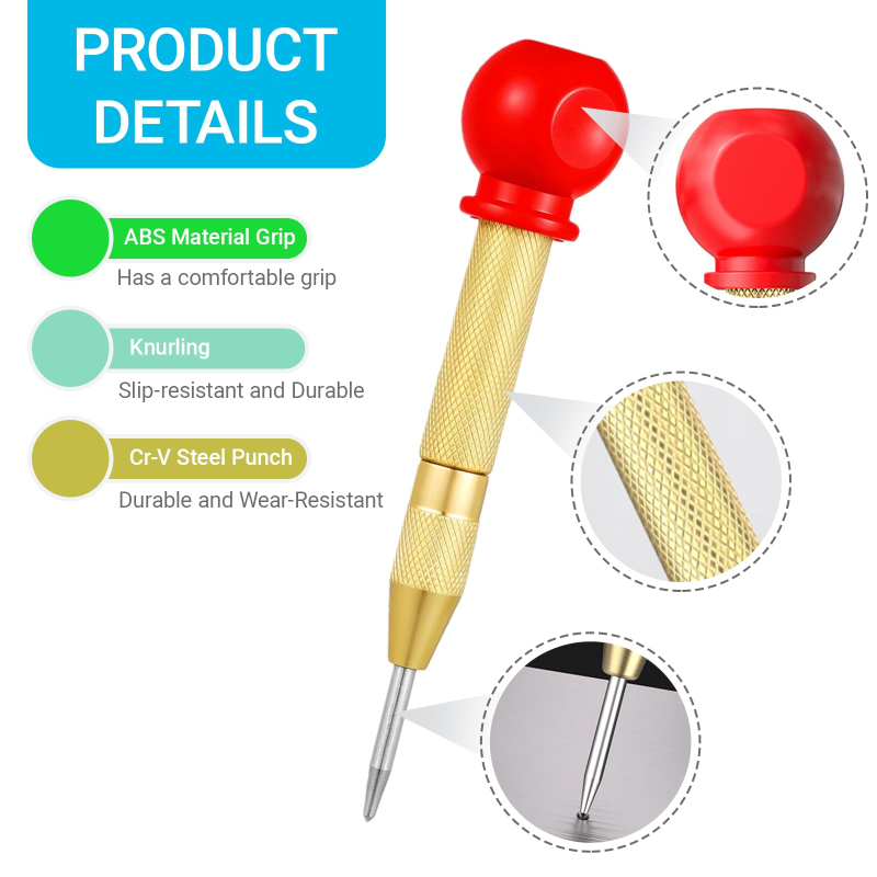 5" Brass Automatic Center Punch, Spring‑Loaded Punch Tool & Emergency Glass Breaker with Palm Cushion Cap
