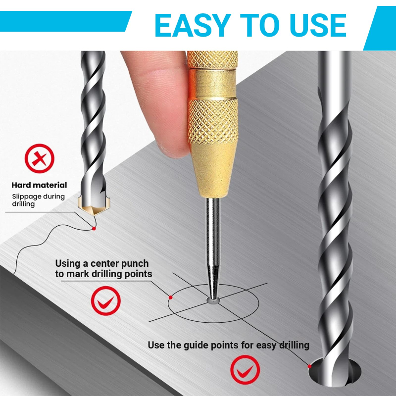5" Brass Automatic Center Punch, Spring‑Loaded Punch Tool & Emergency Glass Breaker with Palm Cushion Cap