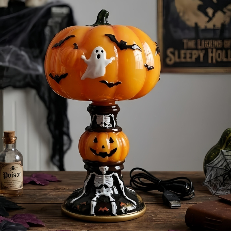 👻Halloween Stained‑Glass Style Table Lamp, USB Powered Pumpkin & Skeleton Desk Light, 4 Designs Available