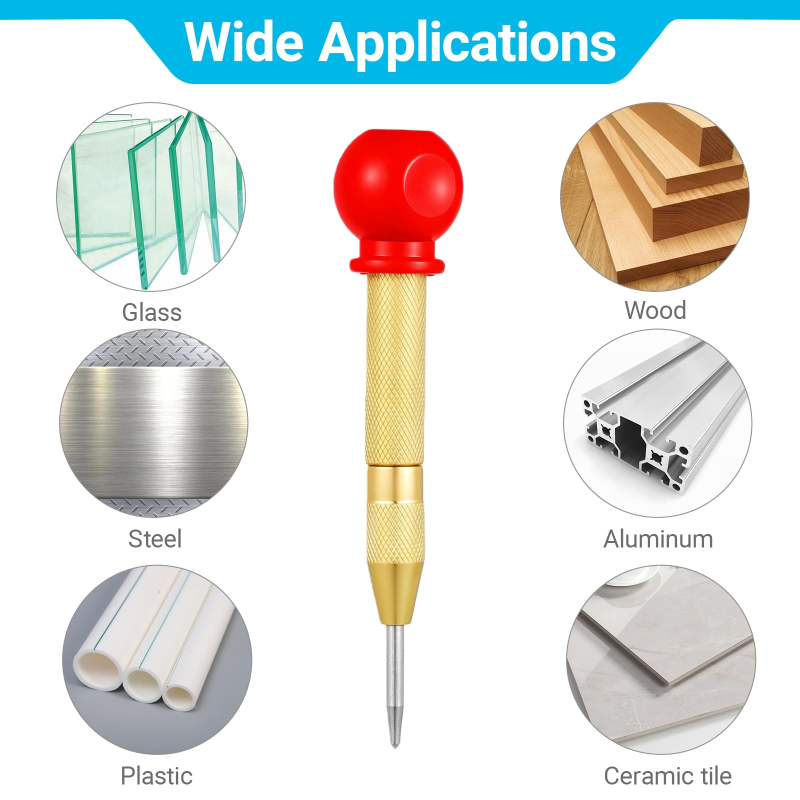 5" Brass Automatic Center Punch, Spring‑Loaded Punch Tool & Emergency Glass Breaker with Palm Cushion Cap