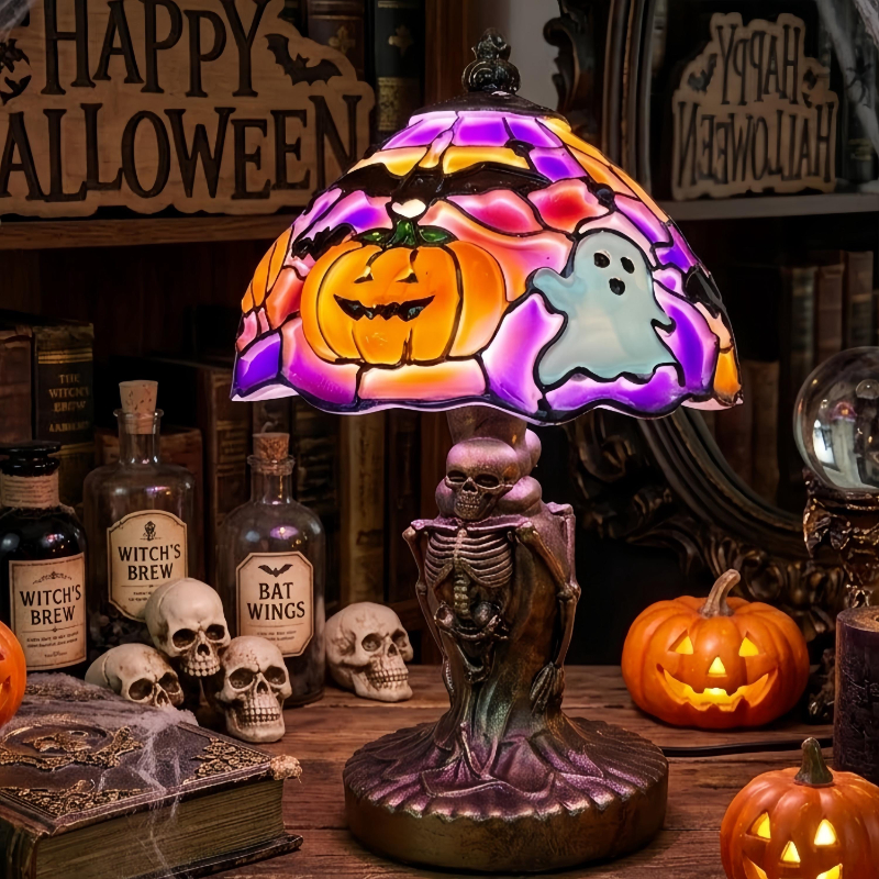 👻Halloween Stained‑Glass Style Table Lamp, USB Powered Pumpkin & Skeleton Desk Light, 4 Designs Available