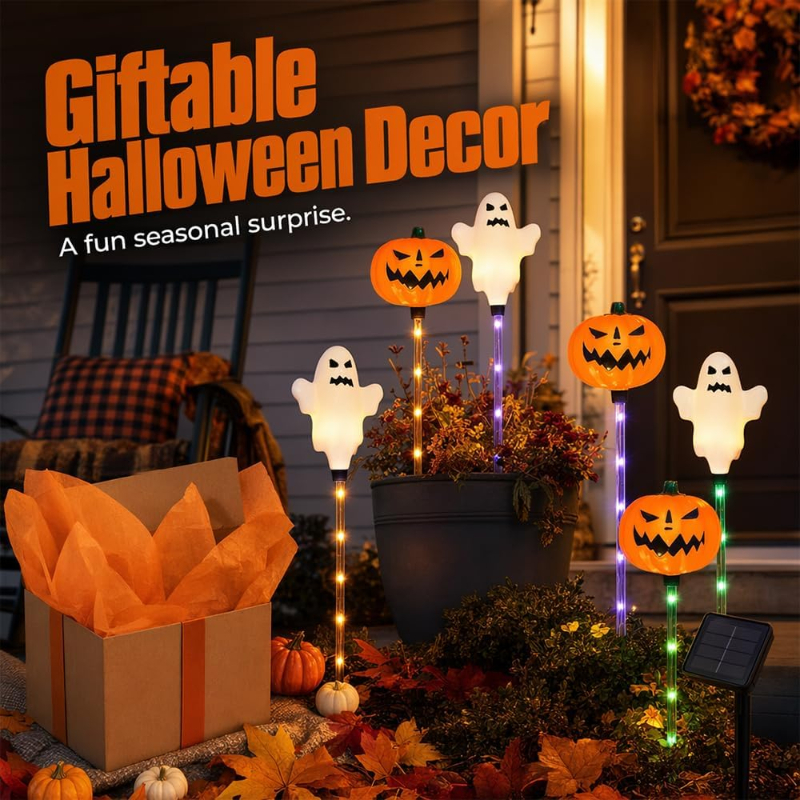 🔥Bestseller🔥 ｜ 6 Pack Solar Halloween Garden Stake Lights👻 8 Modes Pumpkin Ghost Witch Hat Lantern, Waterproof Solar Pathway Lights for Yard Lawn Porch Halloween Outdoor Decor
