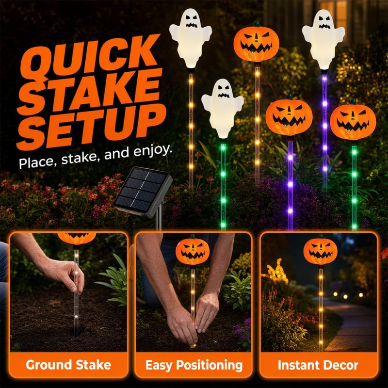🔥Bestseller🔥 ｜ 6 Pack Solar Halloween Garden Stake Lights👻 8 Modes Pumpkin Ghost Witch Hat Lantern, Waterproof Solar Pathway Lights for Yard Lawn Porch Halloween Outdoor Decor