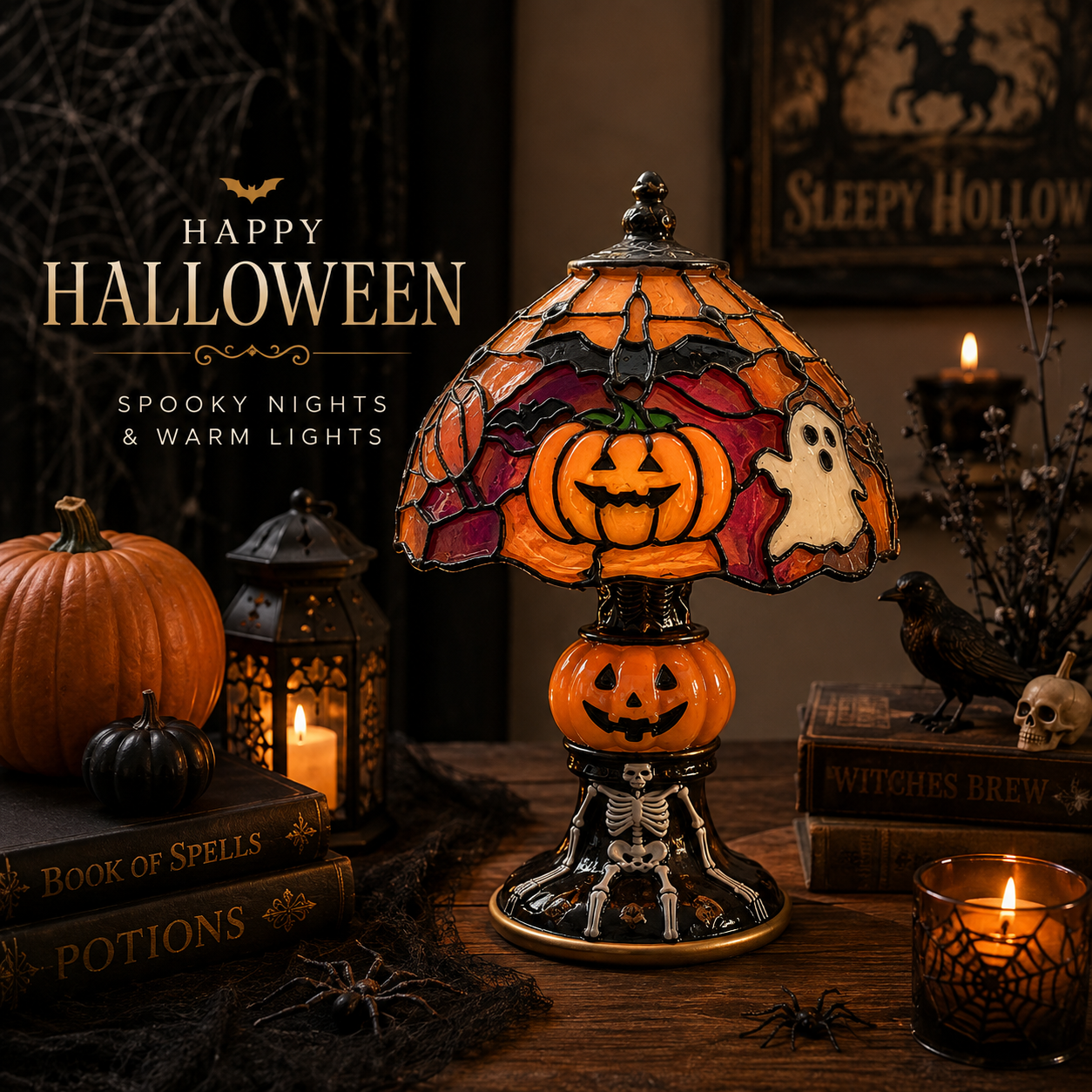 👻Halloween Stained‑Glass Style Table Lamp, USB Powered Pumpkin & Skeleton Desk Light, 4 Designs Available
