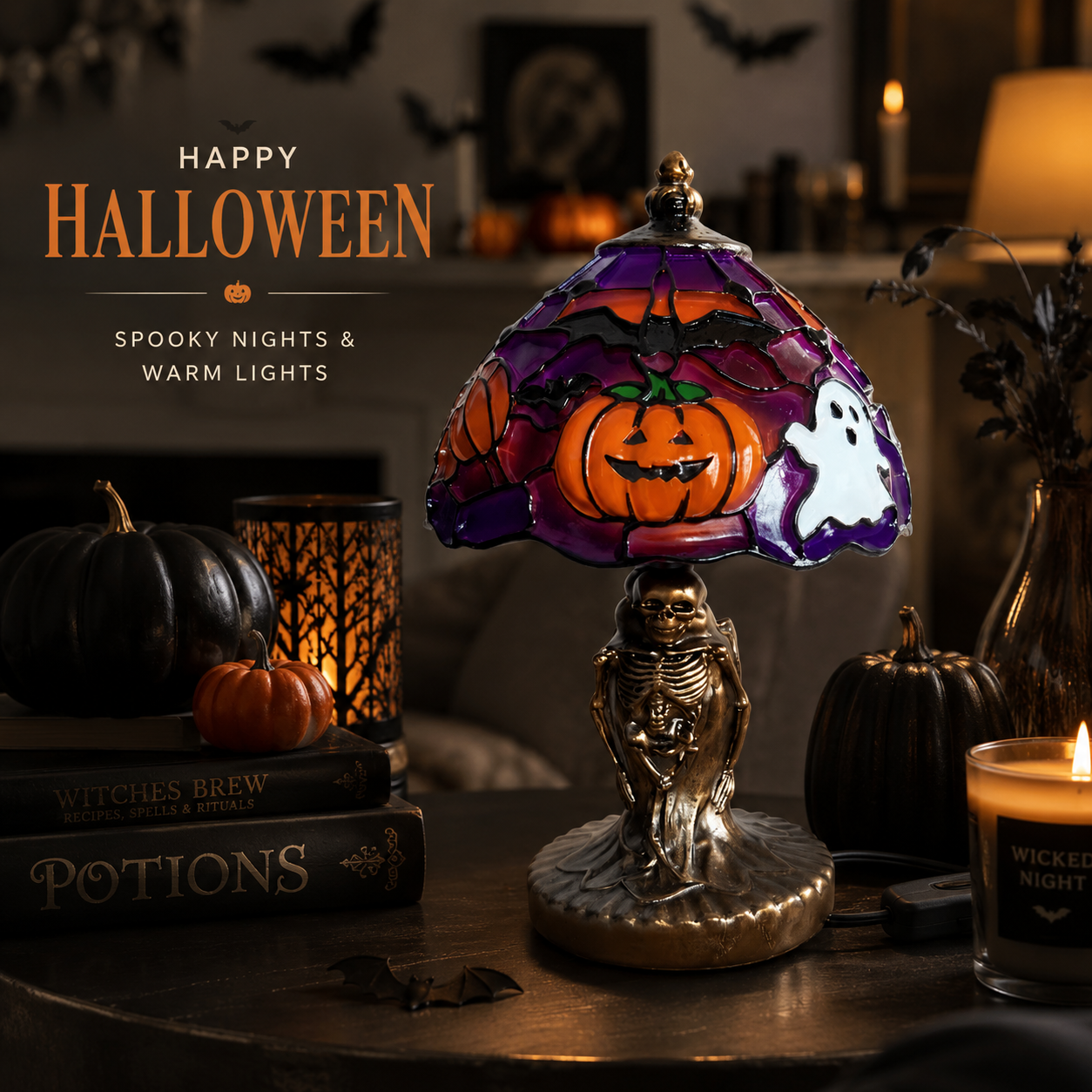 👻Halloween Stained‑Glass Style Table Lamp, USB Powered Pumpkin & Skeleton Desk Light, 4 Designs Available