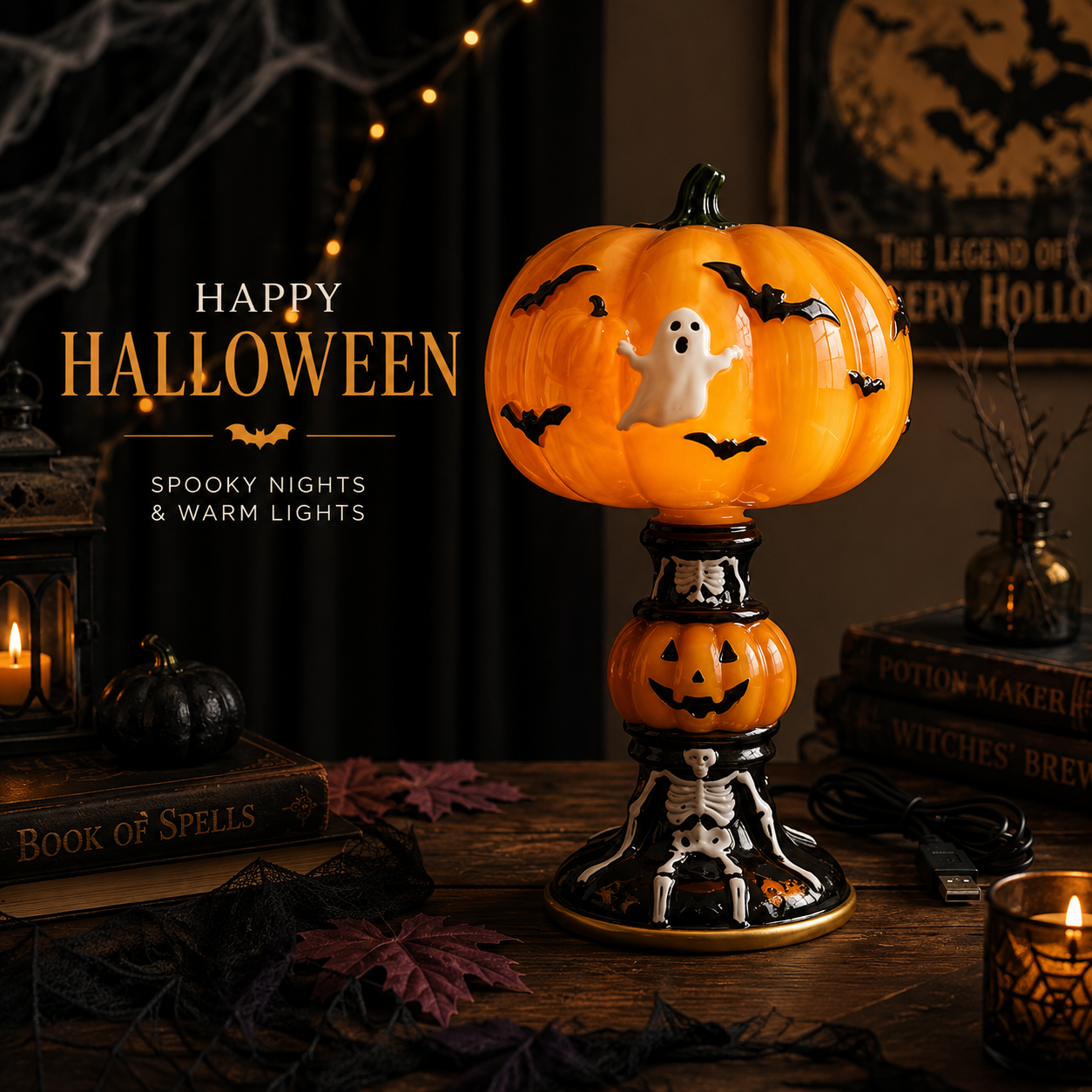 👻Halloween Stained‑Glass Style Table Lamp, USB Powered Pumpkin & Skeleton Desk Light, 4 Designs Available