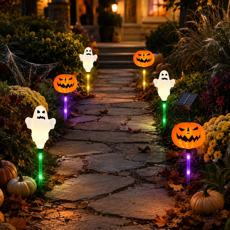 🔥Bestseller🔥 ｜ 6 Pack Solar Halloween Garden Stake Lights👻 8 Modes Pumpkin Ghost Witch Hat Lantern, Waterproof Solar Pathway Lights for Yard Lawn Porch Halloween Outdoor Decor